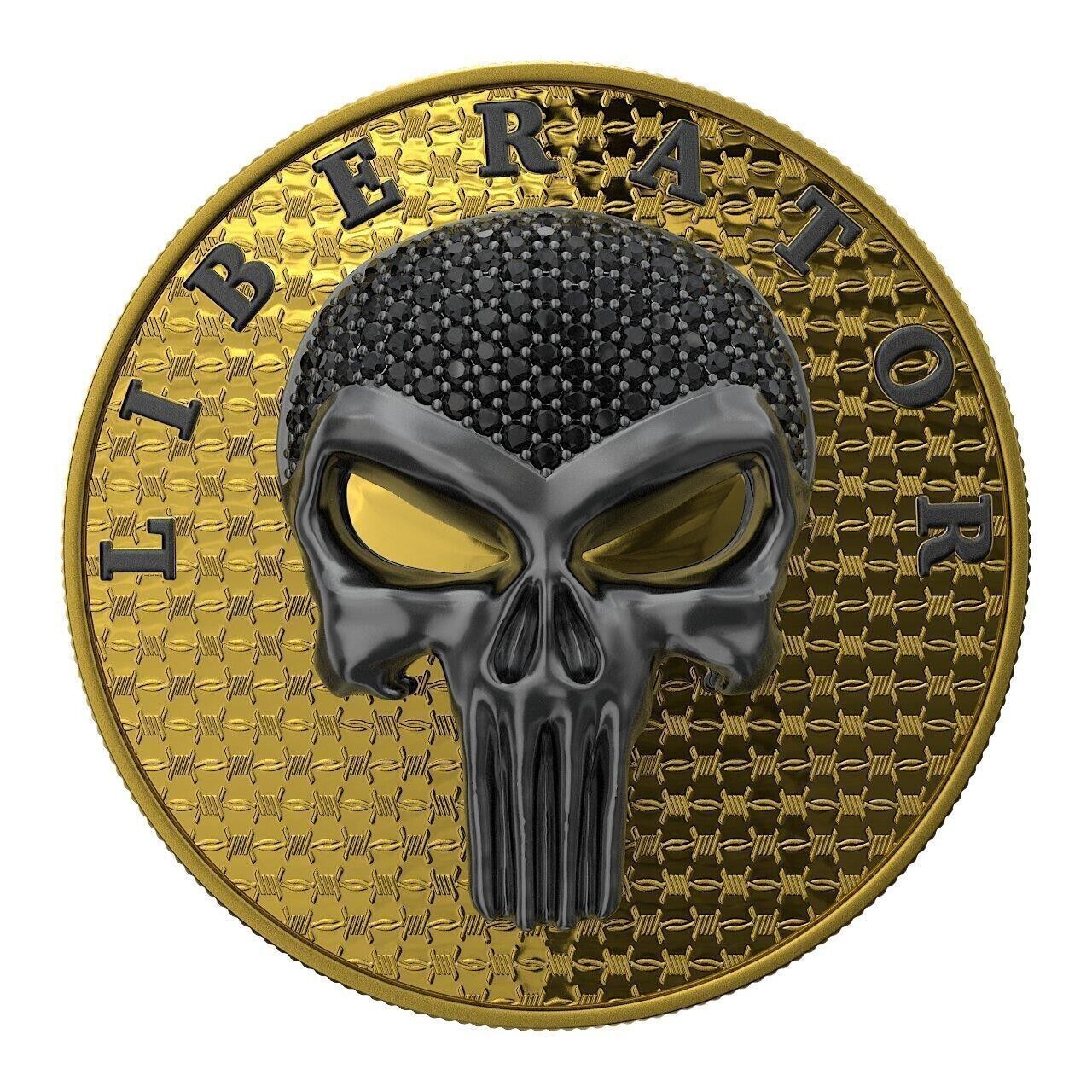 1 Oz Silver Coin Dark Side 2021 THE LIBERATOR Skull Ruthenium / Yellow Swarovski-classypw.com-1
