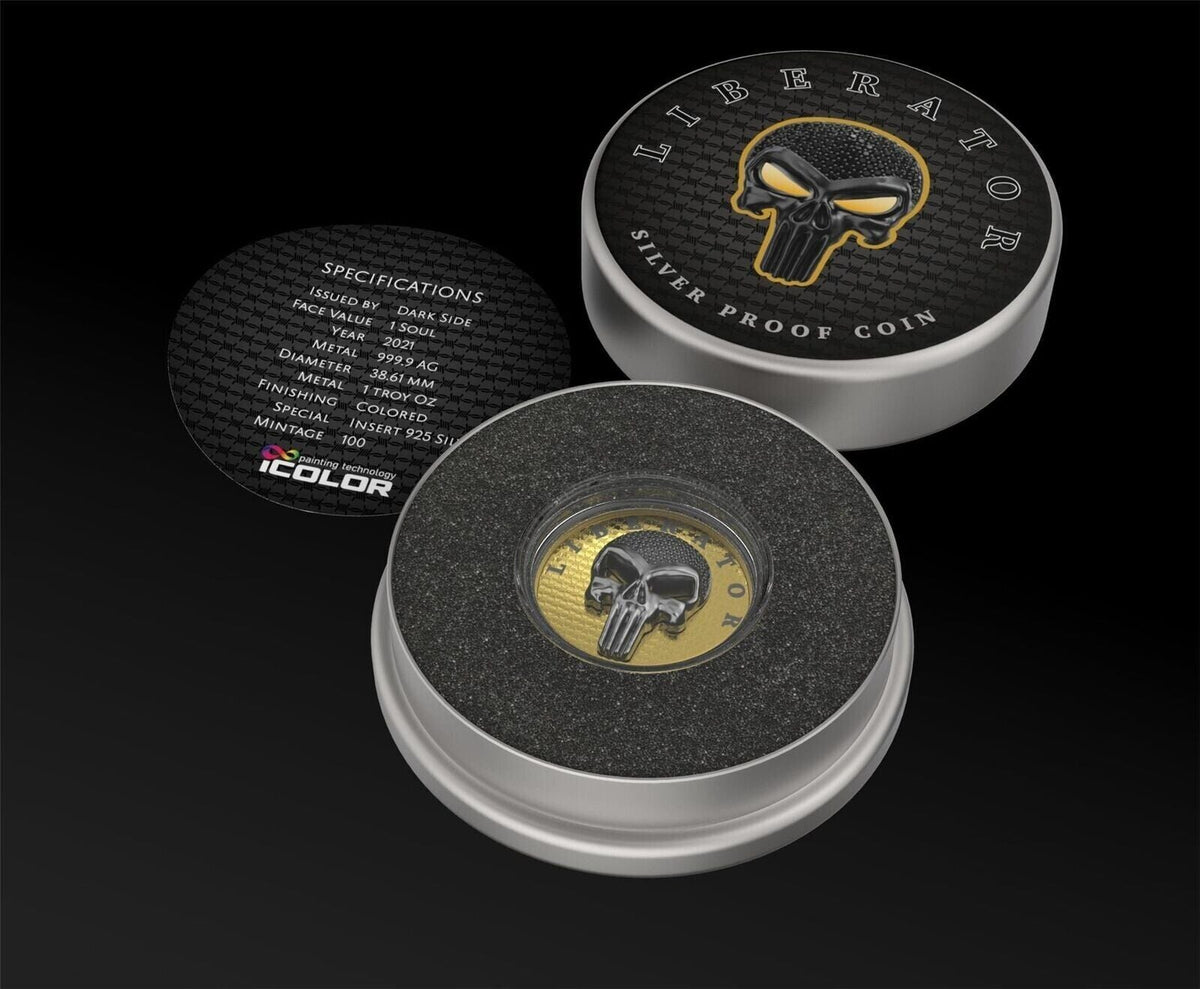 1 Oz Silver Coin Dark Side 2021 THE LIBERATOR Skull Ruthenium / Yellow Swarovski-classypw.com-4