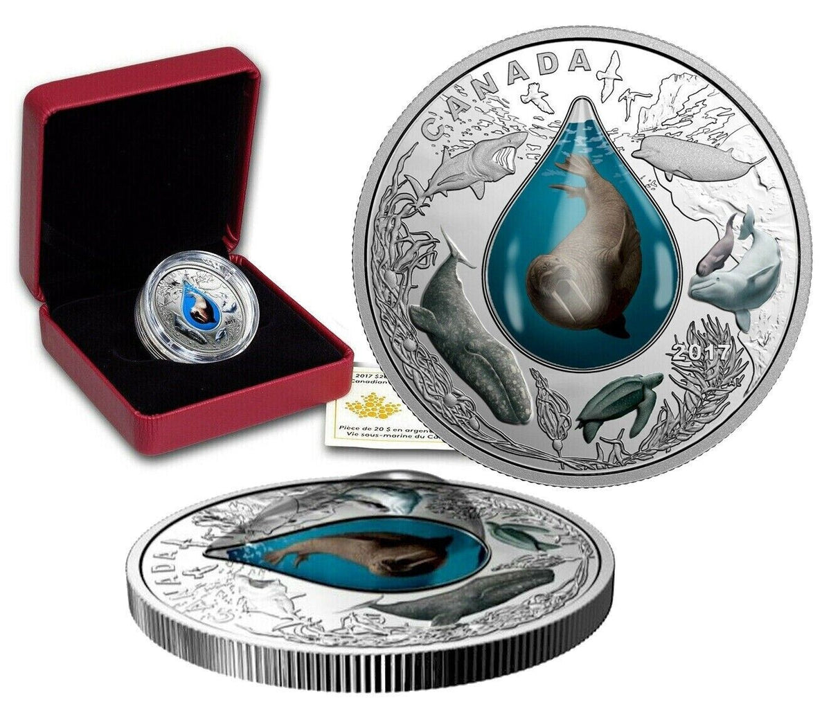 1 oz Silver Coin 2017 $20 Canadian Underwater Life 3D Walrus Water droplet-classypw.com-1