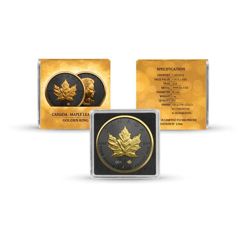 1 oz Silver Coin 2021 $5 Canada Maple Leaf Golden Ring #333 / 500