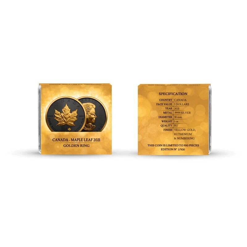 1 oz Silver Coin 2021 $5 Canada Maple Leaf Golden Ring #333 / 500