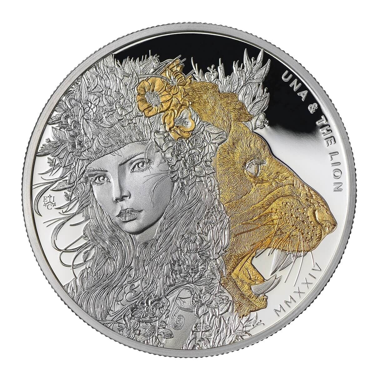 1 oz Silver Coin 2024 St. Helena £1 Una &amp; The Lion Silver w/ Gold Gilded Proof-classypw.com-1