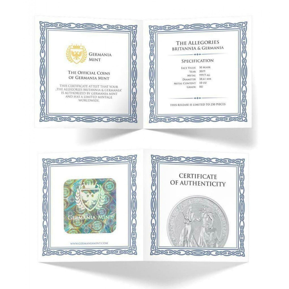 10 Oz Silver Coin 2019 50 Mark Britannia &amp; Germania - BU Limited Edition 250-classypw.com-4