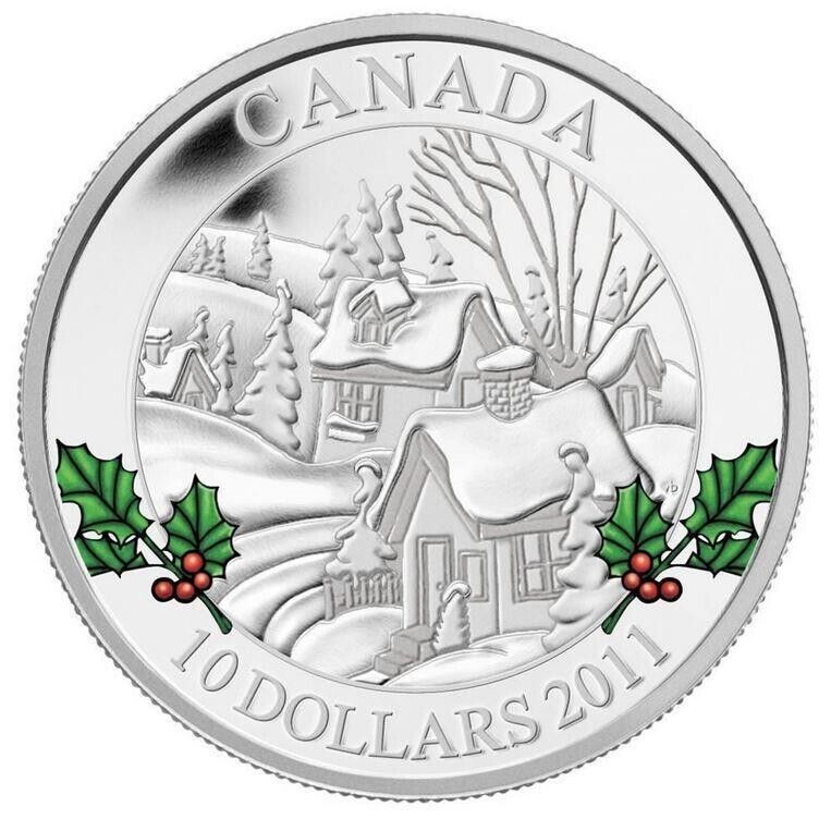 1/2 Oz Silver Coin 2011 $10 Canada Proof Color Winter Town