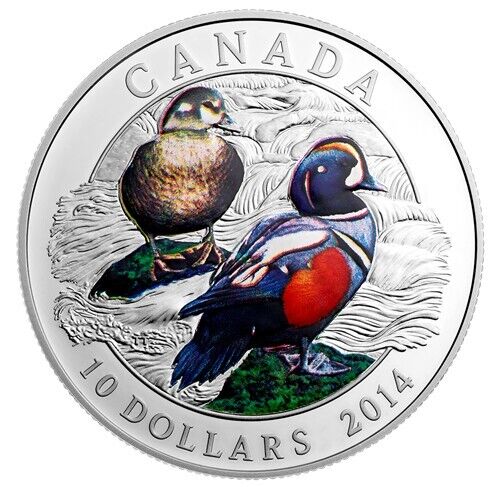 1/2 Oz Silver Coin 2014 $10 Canada Color Proof RCM Harlequin Duck-classypw.com-1