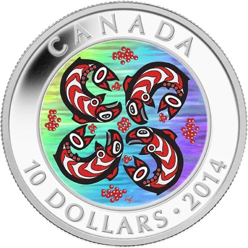 1/2 Oz Silver Coin 2014 $10 Canada First Nations Art: Salmon Fish Hologram