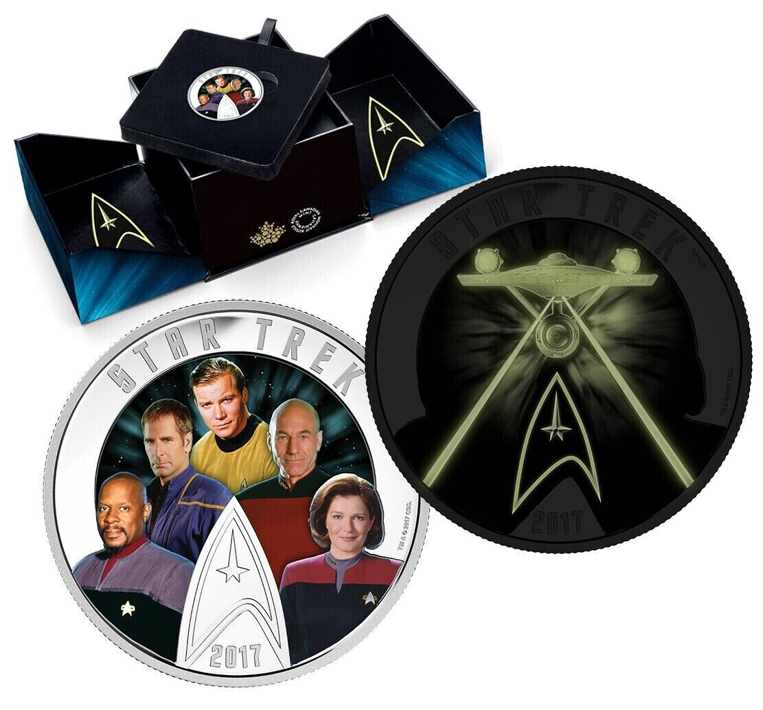 2 Oz Silver Coin 2017 $30 Canada Star Trek Five Captains Picard Kirk Glow Dark