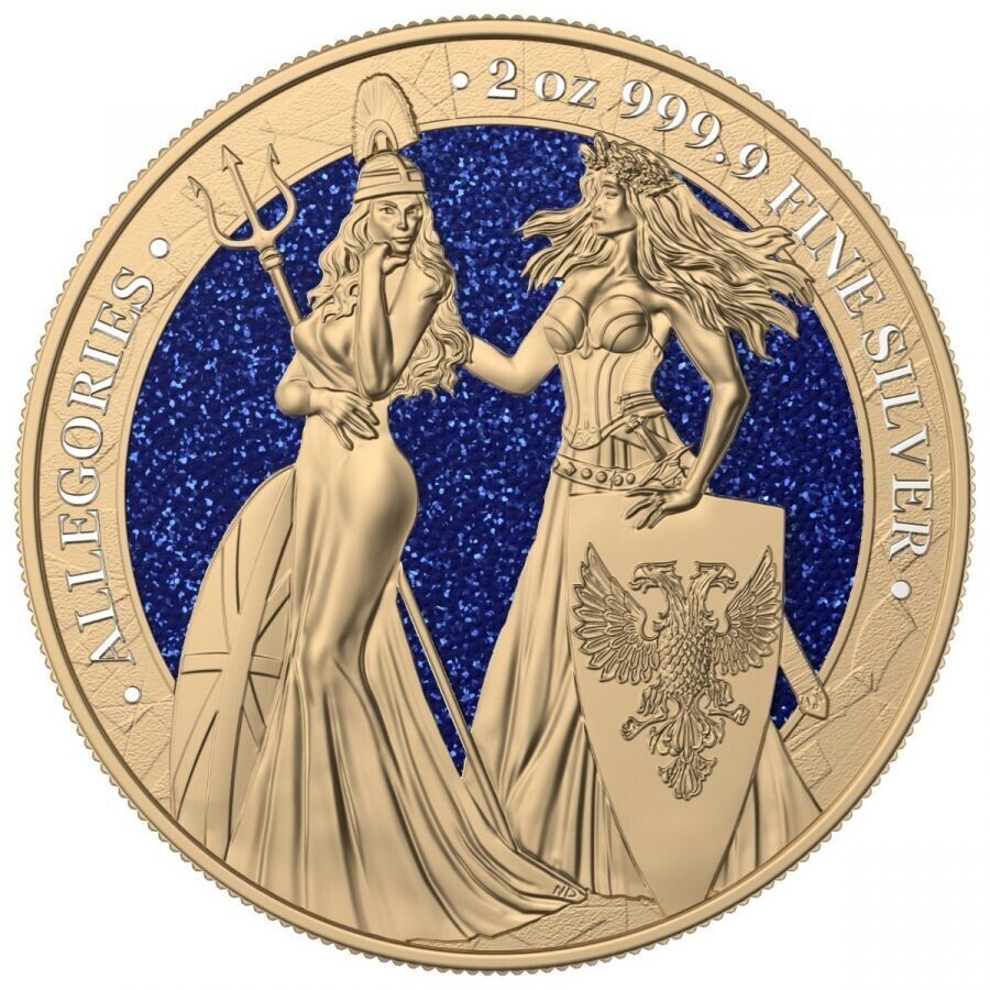 2 Oz Silver Coin 2019 10 Mark Britannia &amp; Germania- Gilded Blue Diamond Dust-classypw.com-1