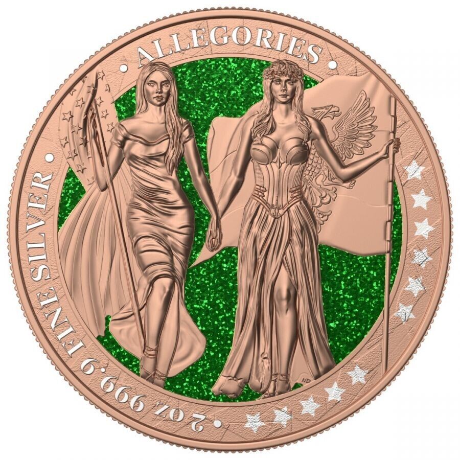 2 Oz Silver Coin 2019 10 Mark Columbia &amp; Germania - Gilded Green Diamond Dust-classypw.com-1