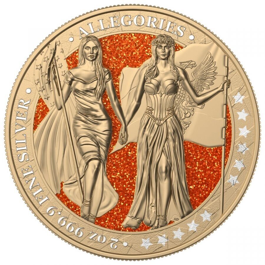 2 Oz Silver Coin 2019 10 Mark Columbia &amp; Germania - Gilded Orange Diamond Dust-classypw.com-1
