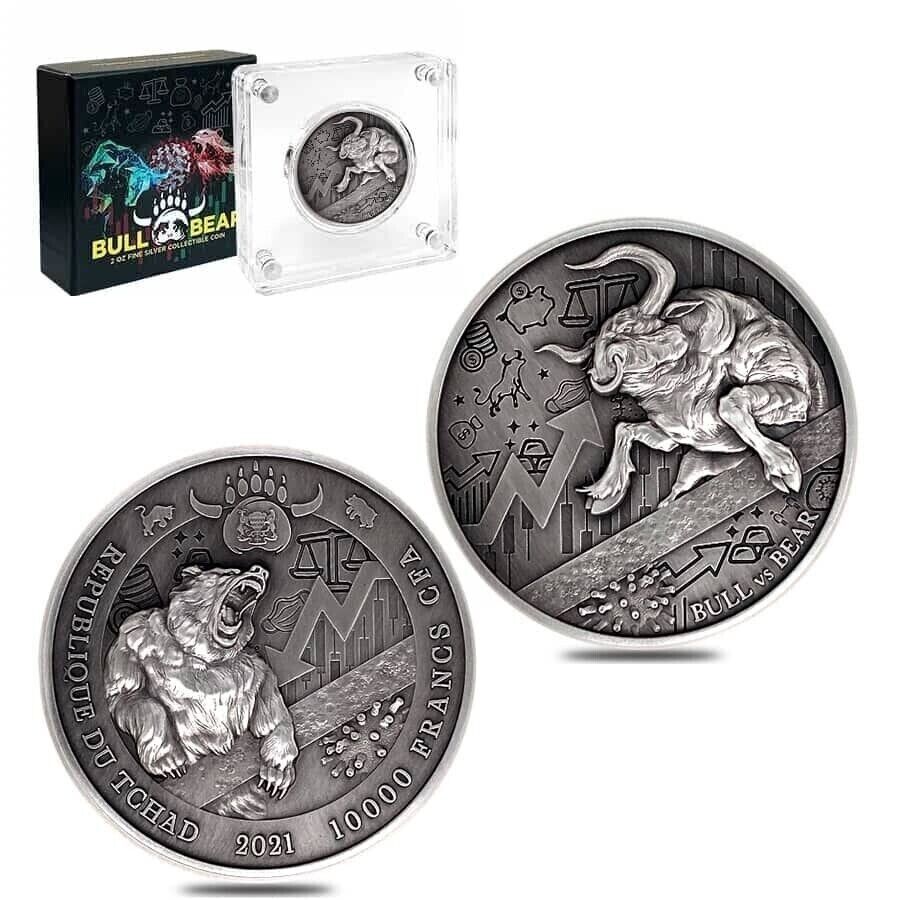 2 Oz Silver Coin 2021 Chad 10000 Francs CFA Bull vs Bear Pandemic Antiqued Coin