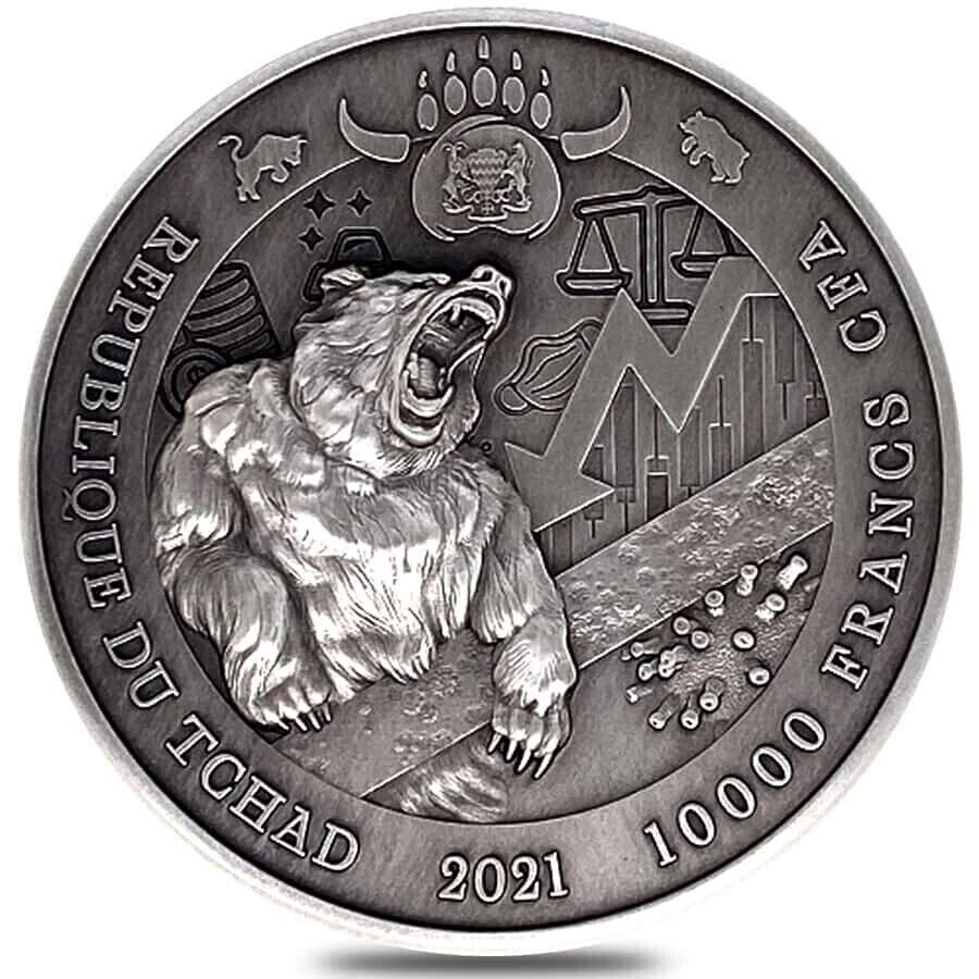 2 Oz Silver Coin 2021 Chad 10000 Francs CFA Bull vs Bear Pandemic Antiqued Coin