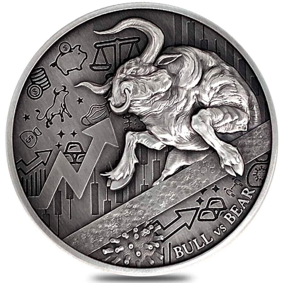 2 Oz Silver Coin 2021 Chad 10000 Francs CFA Bull vs Bear Pandemic Antiqued Coin