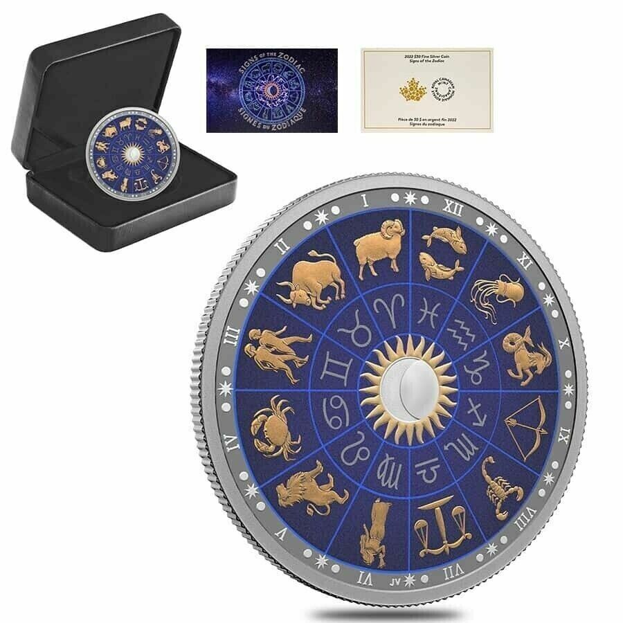 2 Oz Silver Coin 2022 $30 Canada Signs of the Zodiac with UV Black Light OGP-classypw.com-1