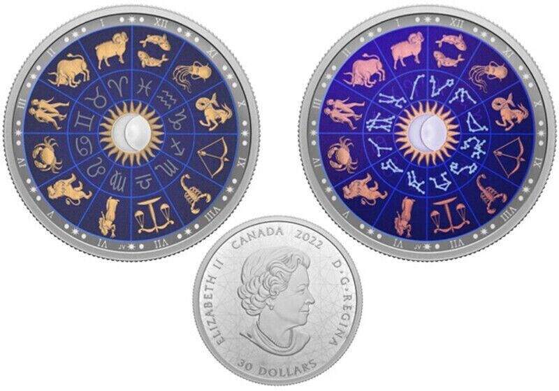 2 Oz Silver Coin 2022 $30 Canada Signs of the Zodiac with UV Black Light OGP-classypw.com-6