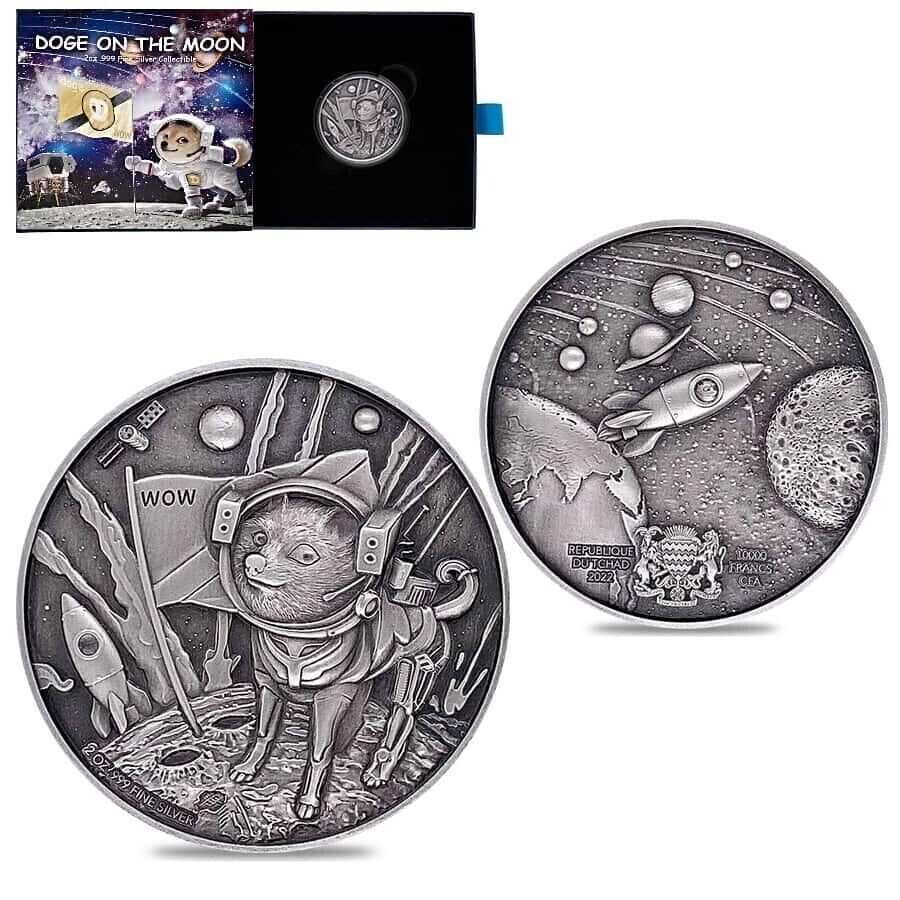 2 Oz Silver Coin 2022 Chad 5000 Francs CFA Doge On The Moon High Relief Coin Wow