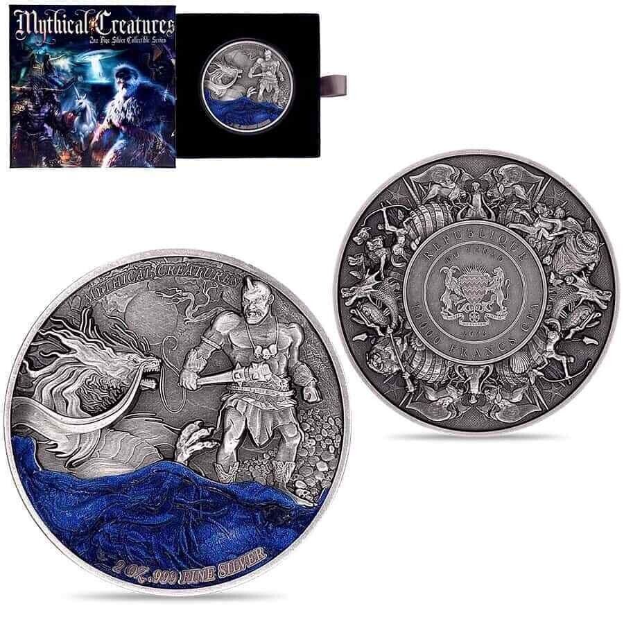 2 Oz Silver Coin 2023 Chad 10000 CFA Mythical Creatures Dragon and Cyclops
