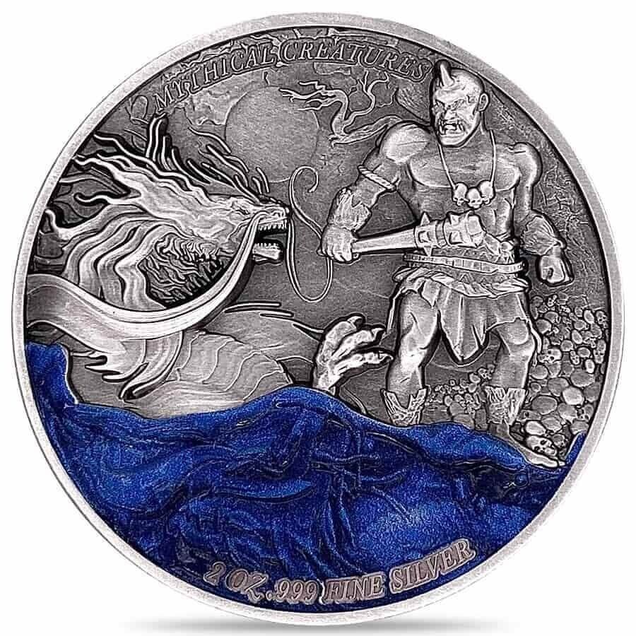 2 Oz Silver Coin 2023 Chad 10000 CFA Mythical Creatures Dragon and Cyclops