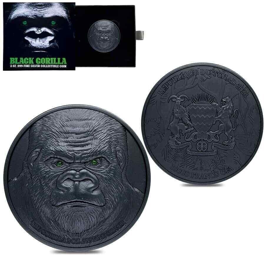 2 Oz Silver Coin 2023 Chad 10000 Francs CFA Black Gorilla High Relief Coin