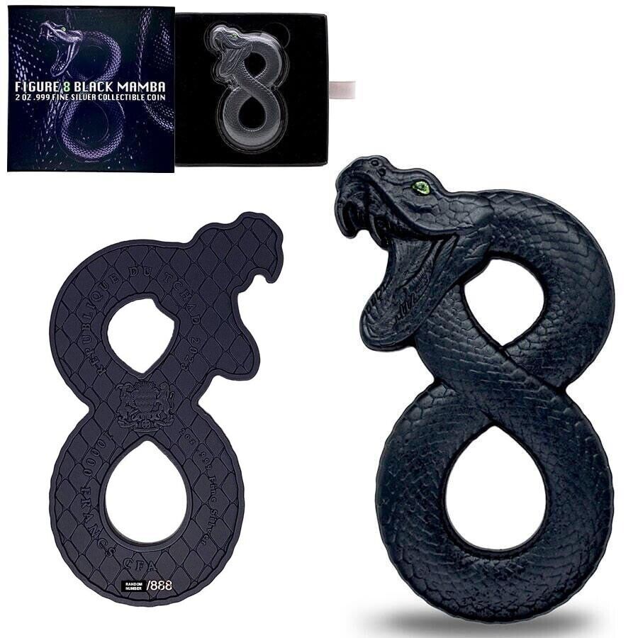2 Oz Silver Coin 2023 Chad 5000 Francs CFA Black Mamba Figure Eight Snake Shaped