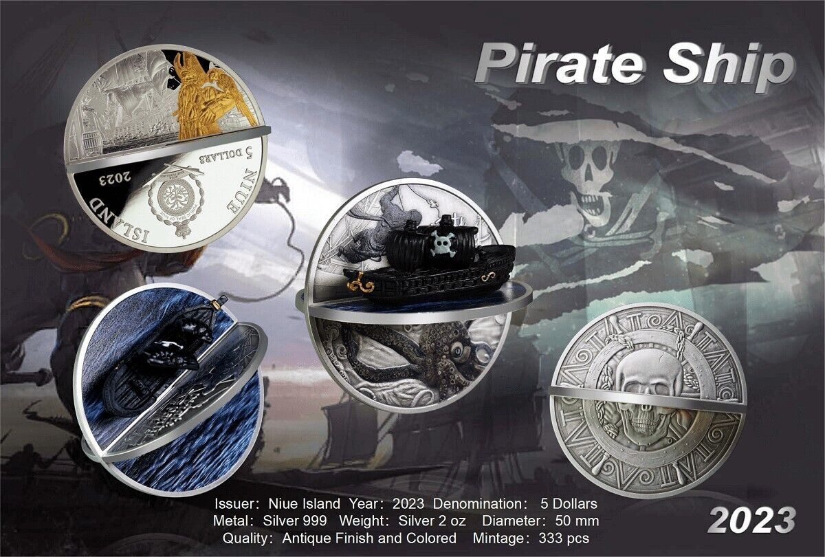 2 Oz Silver Coin 2023 Niue $5 Pirate Ship 3D Antiqued Shaped Coin 333 Mintage-classypw.com-5