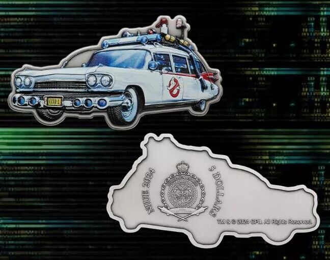 2 Oz Silver Coin 2024 Niue $5 Ghostbusters Ecto 1 Car Shaped Coin with Trap Box