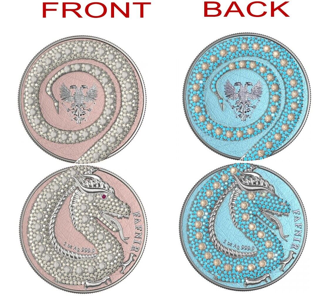 2 X 1 Oz Silver Coin 2020 5 Mark Fafnir Set - Blue Pink No 1 Big Dots Crystals-classypw.com-1