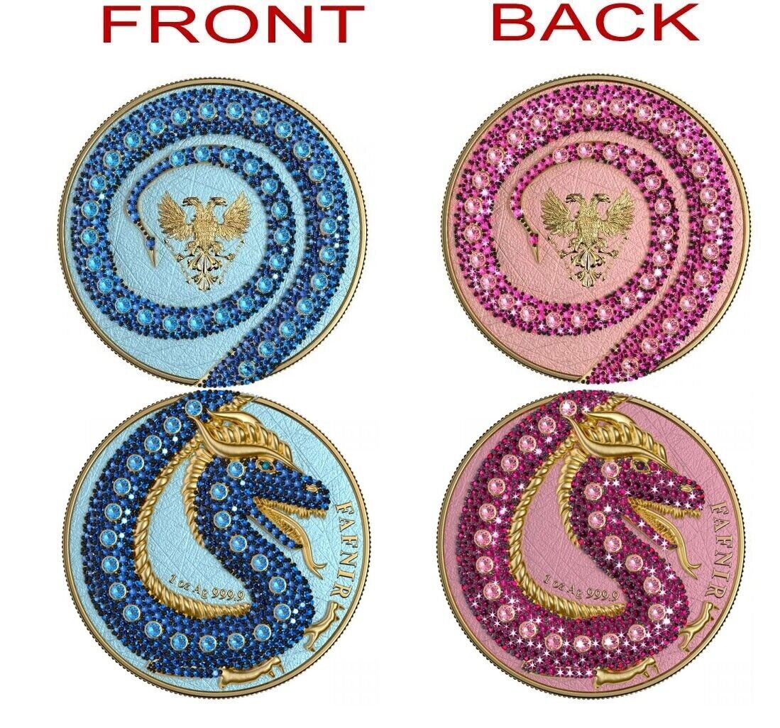 2 X 1 Oz Silver Coin 2020 5 Mark Fafnir Set - Blue Pink No 3 Big Dots Crystals-classypw.com-1
