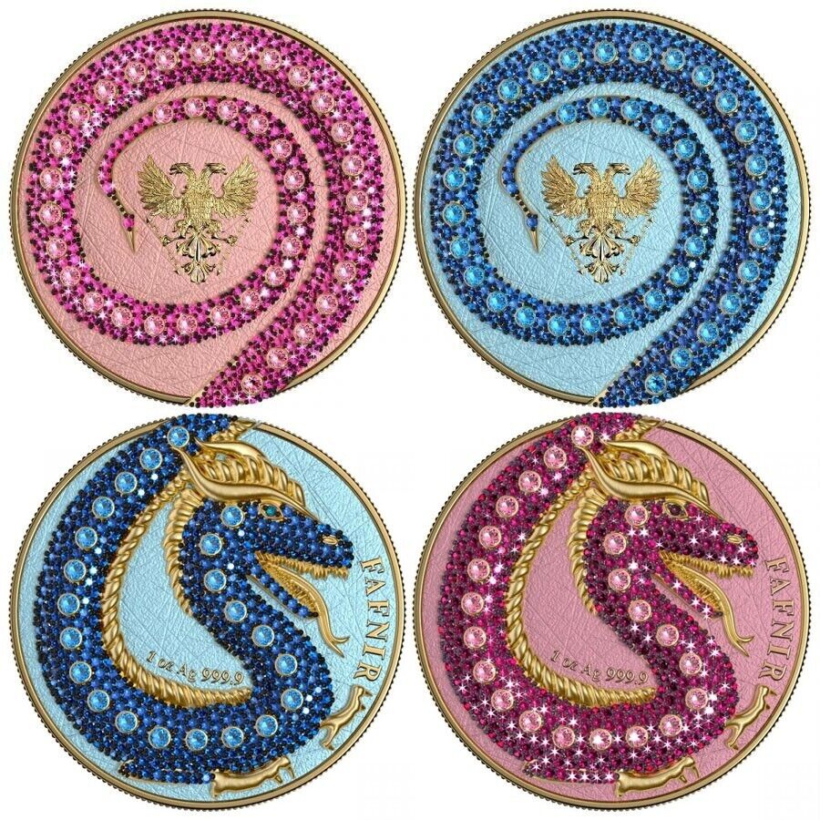 2 X 1 Oz Silver Coin 2020 5 Mark Fafnir Set - Blue Pink No 3 Big Dots Crystals-classypw.com-4