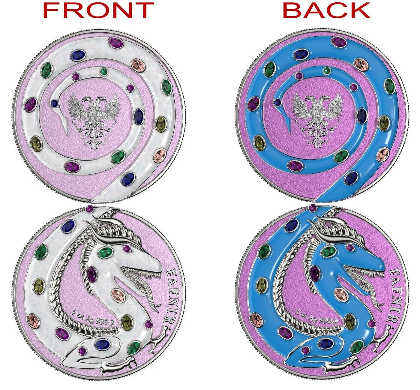 2 X 1 Oz Silver Coin 2020 5 Mark Fafnir Set - Pearl White & Turquoise Crystals-classypw.com-1