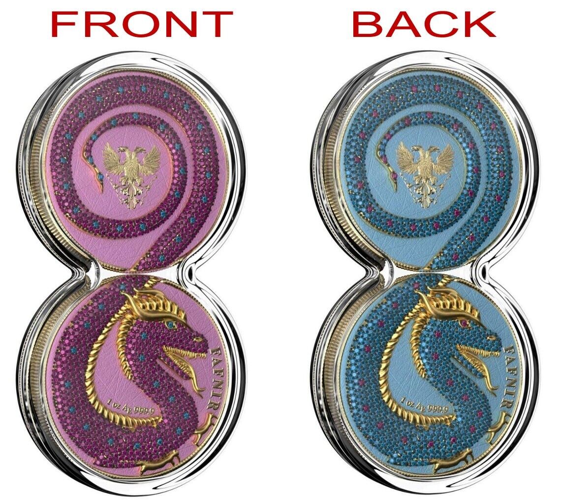 2 X 1 Oz Silver Coin 2020 5 Mark Fafnir Set - Pink Blue Crystals-classypw.com-1