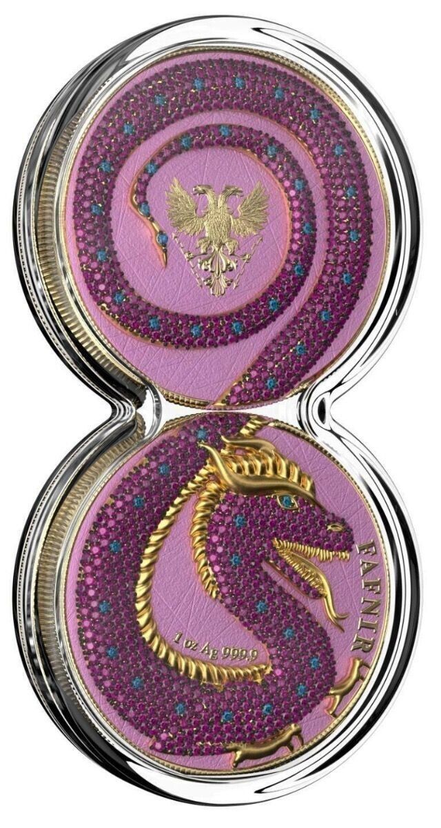 2 X 1 Oz Silver Coin 2020 5 Mark Fafnir Set - Pink Blue Crystals-classypw.com-2