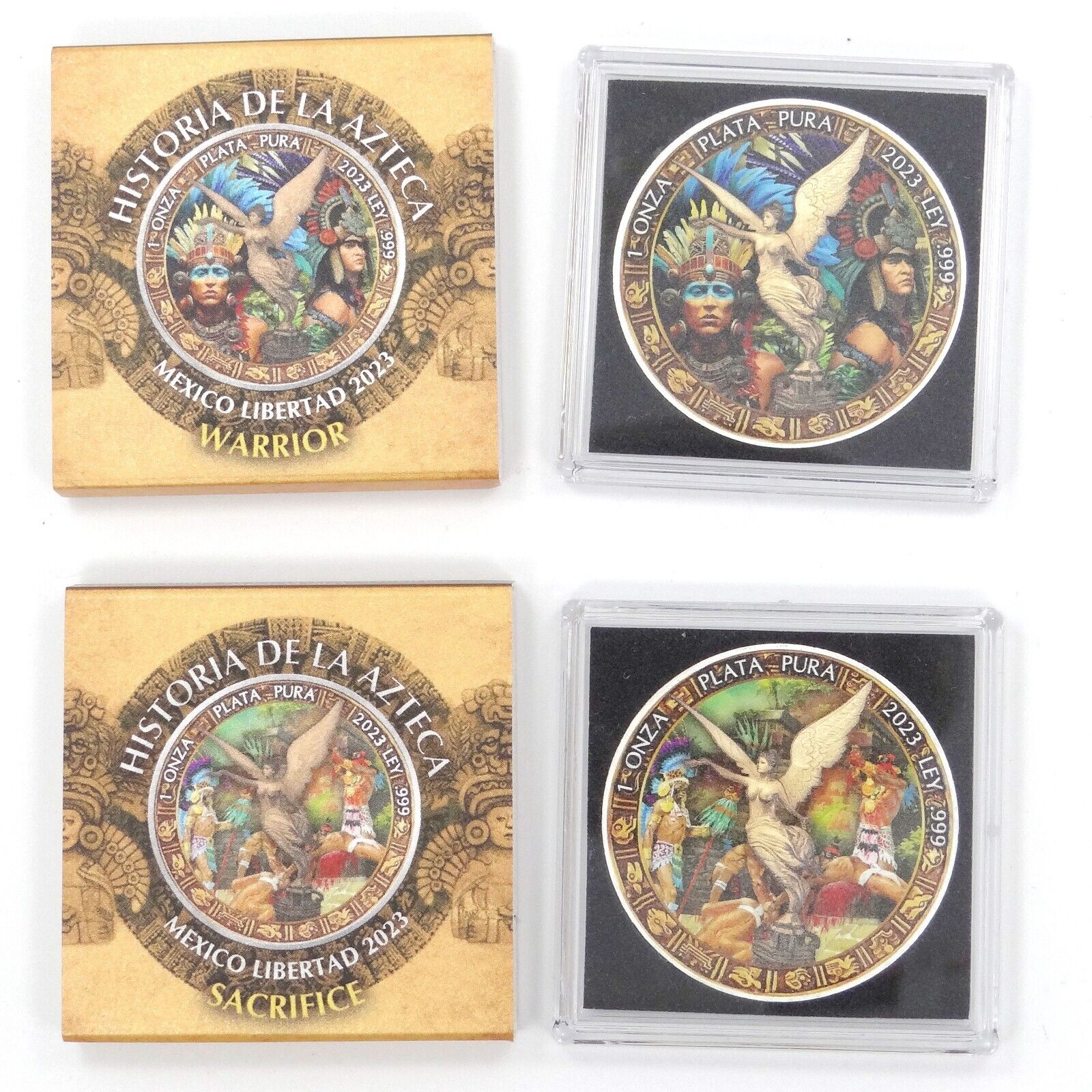 2 X 1 Oz Silver Coin 2023 Mexico Libertad Historia Azteca Warrior &Sacrifice Set