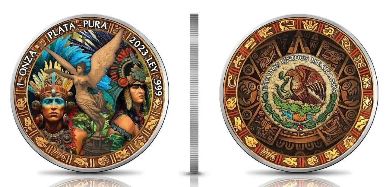 2 X 1 Oz Silver Coin 2023 Mexico Libertad Historia Azteca Warrior &Sacrifice Set