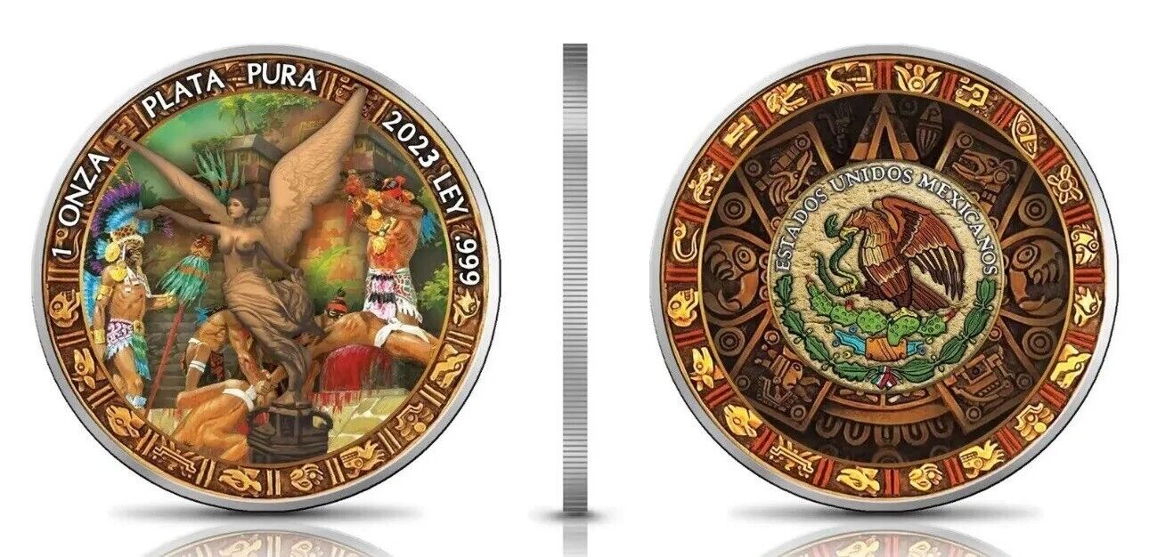 2 X 1 Oz Silver Coin 2023 Mexico Libertad Historia Azteca Warrior &Sacrifice Set