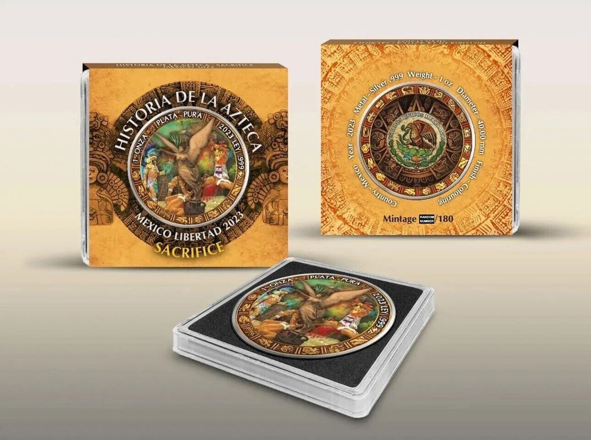 2 X 1 Oz Silver Coin 2023 Mexico Libertad Historia Azteca Warrior &amp;Sacrifice Set