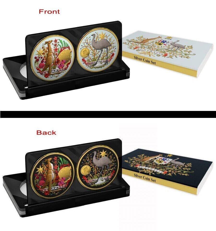 2 X 1 Oz Silver Coin Set 2021 $1 Australian Coat of Arms Kangaroo and Emu Color-classypw.com-1