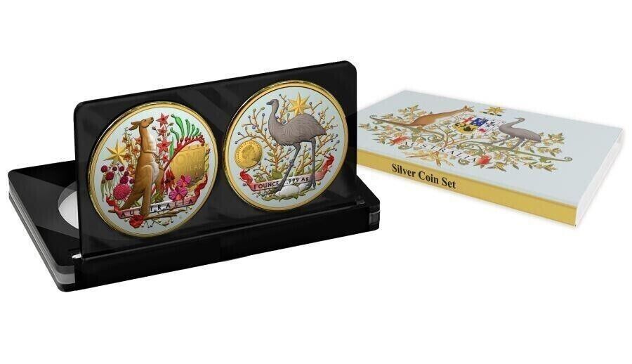 2 X 1 Oz Silver Coin Set 2021 $1 Australian Coat of Arms Kangaroo and Emu Color-classypw.com-1