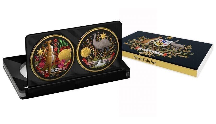 2 X 1 Oz Silver Coin Set 2021 $1 Australian Coat of Arms Kangaroo and Emu Color-classypw.com-3