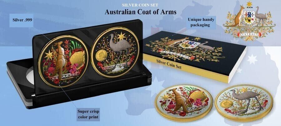 2 X 1 Oz Silver Coin Set 2021 $1 Australian Coat of Arms Kangaroo and Emu Color-classypw.com-8