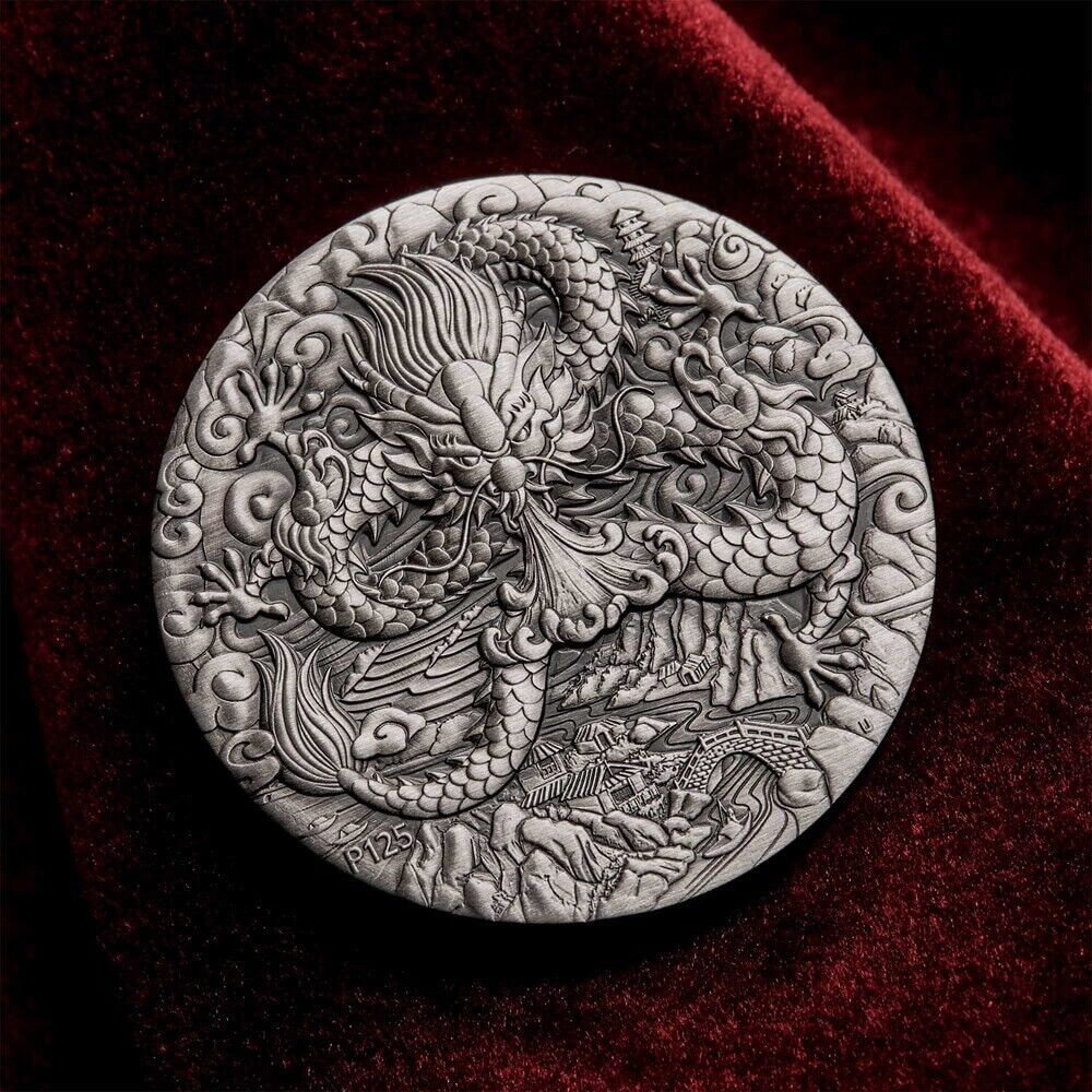2 oz Silver Coin 2024 $2 Australian Lunar Series III Year of the Dragon Antiqued