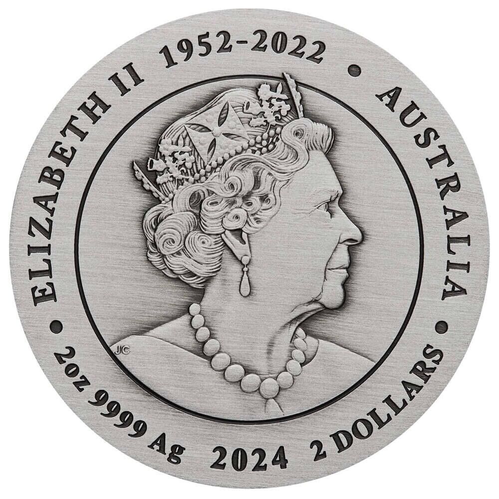2 oz Silver Coin 2024 $2 Australian Lunar Series III Year of the Dragon Antiqued