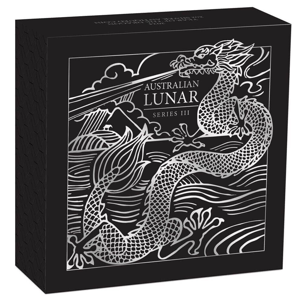 2 oz Silver Coin 2024 $2 Australian Lunar Series III Year of the Dragon Antiqued