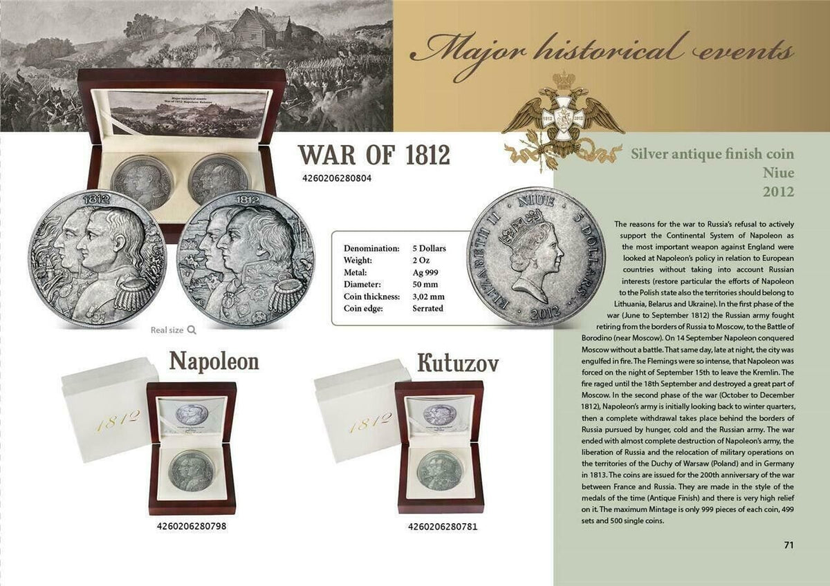 2 x 2oz Silver Coins 2012 Niue $5 War of 1812 - Napoleon &amp; Kutuzov Antique Set-classypw.com-5