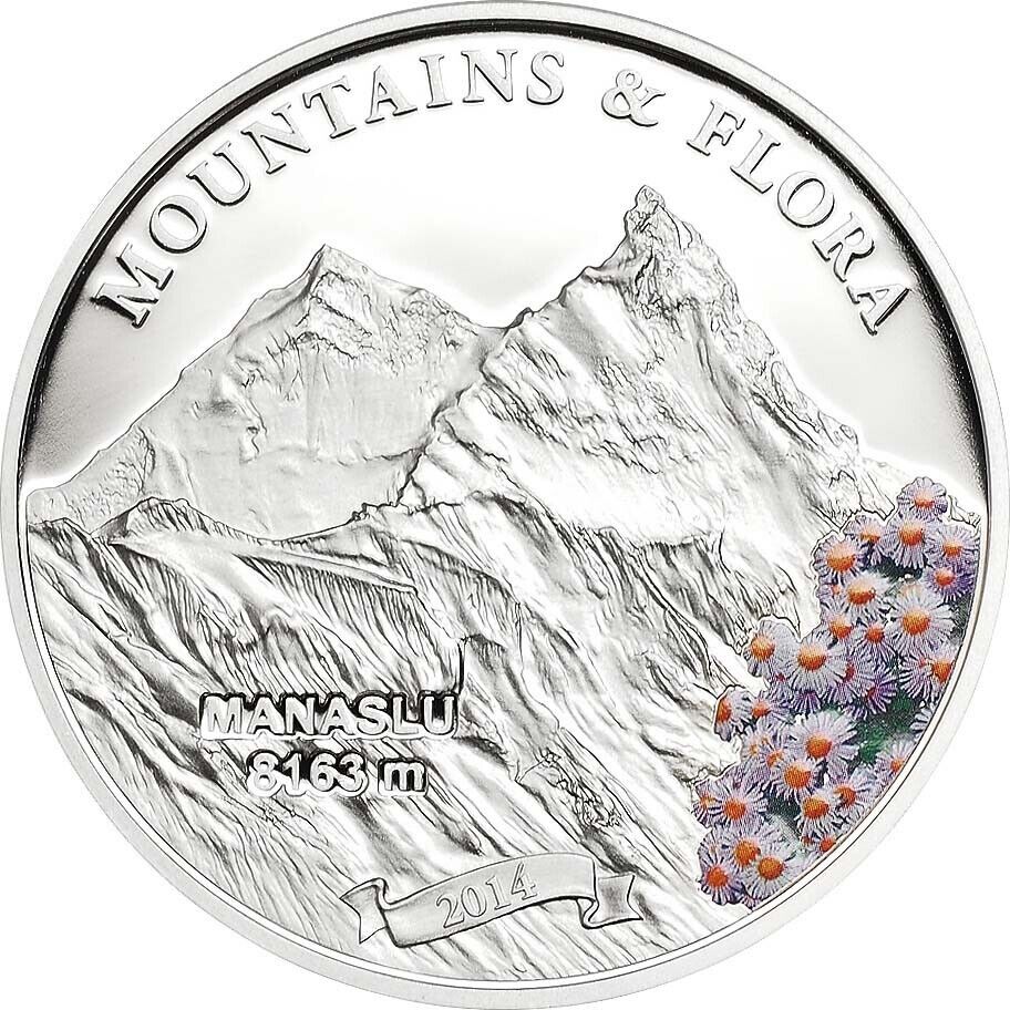 20g Silver Coin 2014 $5 Palau Proof Flowers Mountains &amp; Flora Manaslu 8163m-classypw.com-1