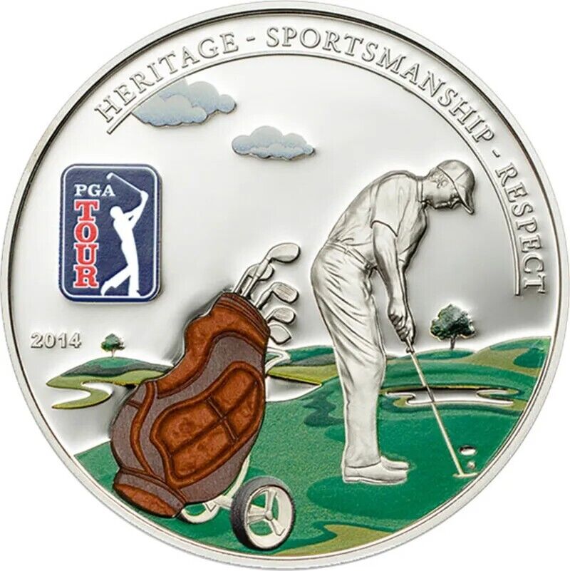 20g Silver Coin 2014 Cook Islands $5 PGA Tour with 3D Leather Golf Bag Insert
