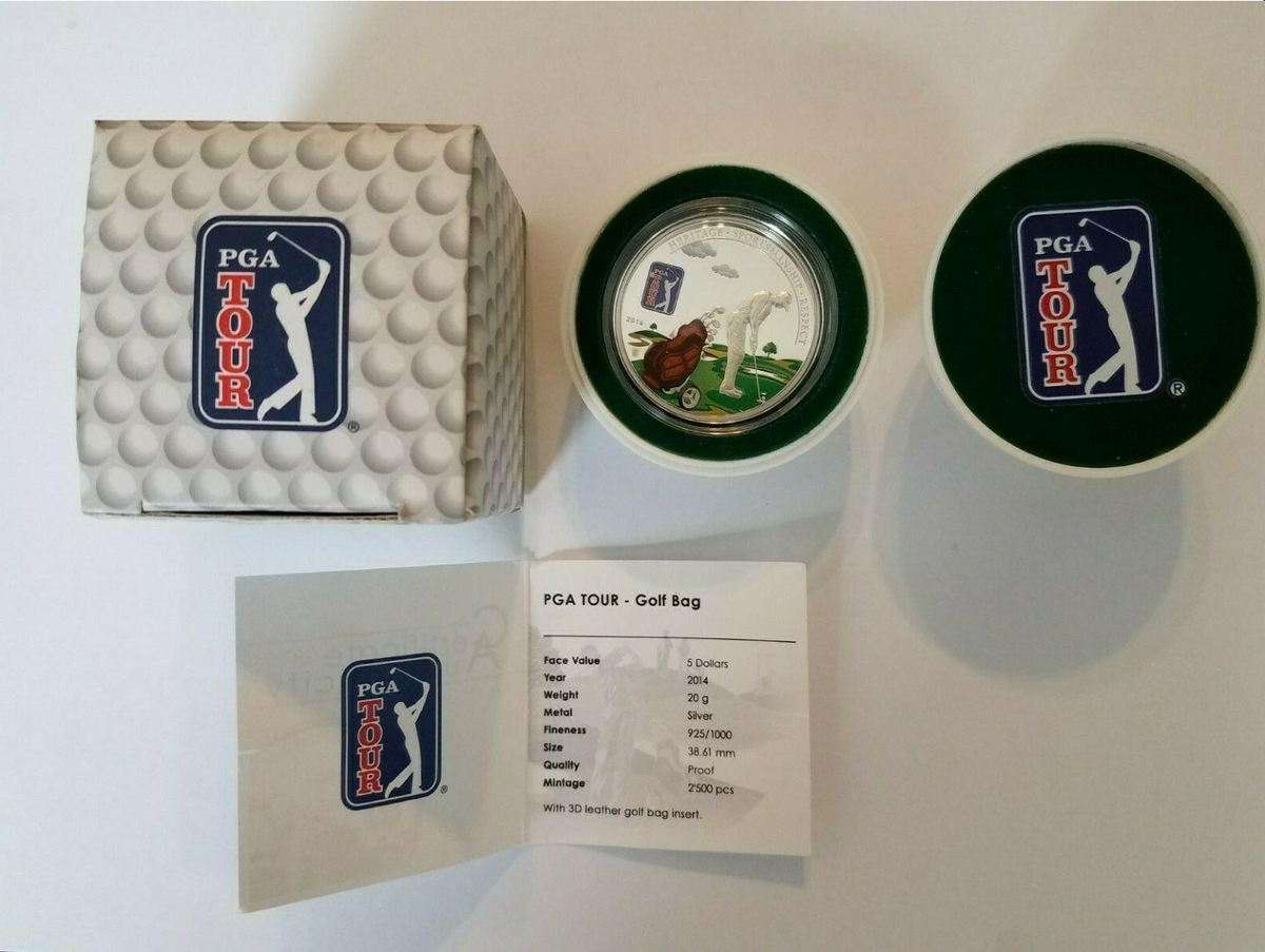 20g Silver Coin 2014 Cook Islands $5 PGA Tour with 3D Leather Golf Bag Insert