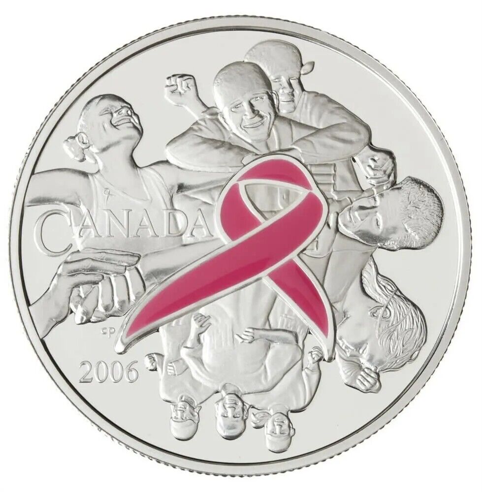 25.175g Silver Coin 2006 Canada $5 Breast Cancer Enamel Pink Ribbon