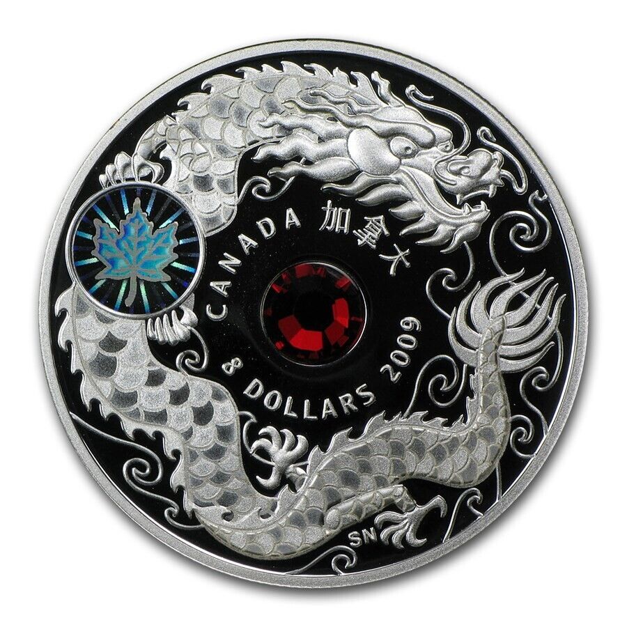 25.3g Silver Coin 2009 Canada $8 Sterling Maple of Wisdom Swarovski Dragon-classypw.com-1