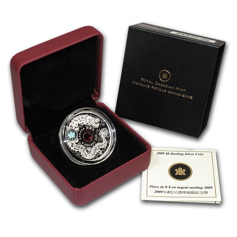 25.3g Silver Coin 2009 Canada $8 Sterling Maple of Wisdom Swarovski Dragon-classypw.com-3